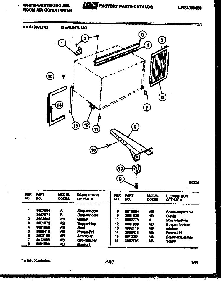 CABINET AND INSTALLATION PARTS Diagram and Parts List for AL097L1A1  Frigidaire Air Conditioner