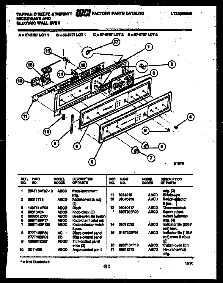 CONTROL PANEL Diagram and Parts List for 57-2707-10-02  Tappan Microwave Oven Combo