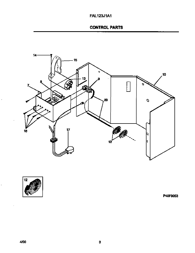 CONTROL PARTS Diagram and Parts List for FAL123J1A1  Frigidaire Air Conditioner