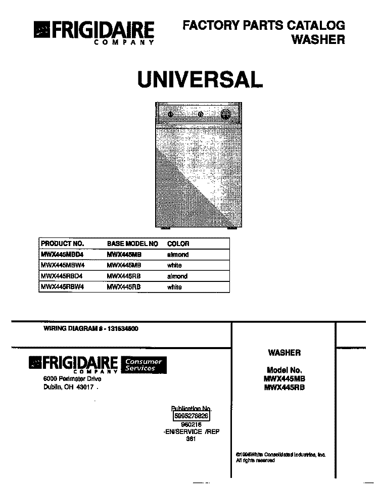 COVER Diagram and Parts List for MWX445RBW4  Frigidaire Washer