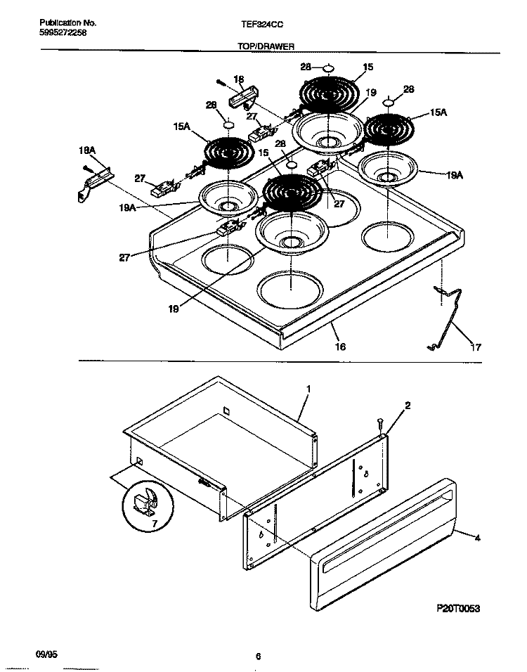 TOP / DRAWER Diagram and Parts List for TEF324CCSA  Tappan Range
