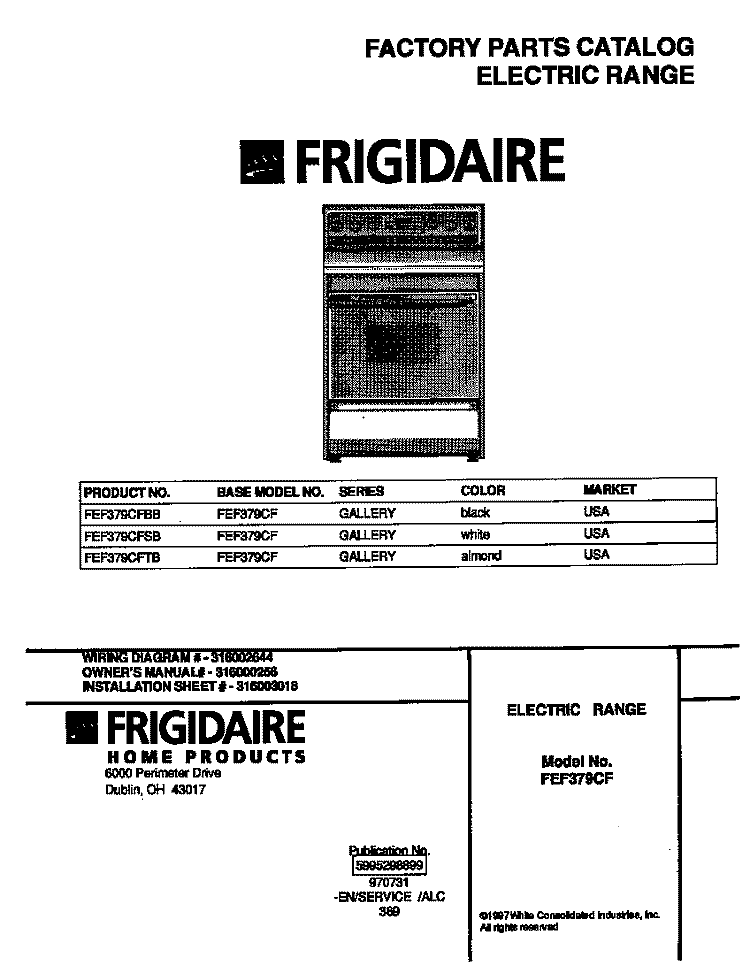 COVER Diagram and Parts List for FEF379CFTB  Frigidaire Range