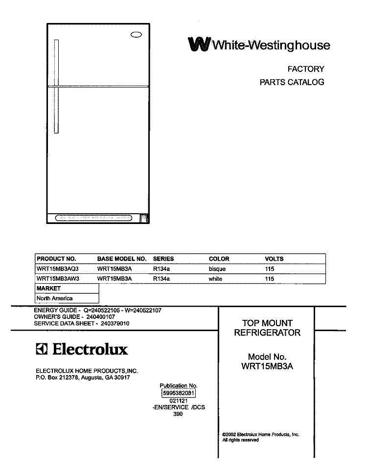 COVER Diagram and Parts List for WRT15MB3AQ3  Westinghouse Refrigerator