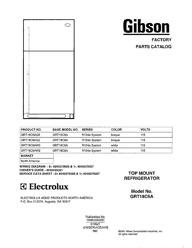 COVER Diagram and Parts List for GRT18C6AW0  Gibson Refrigerator