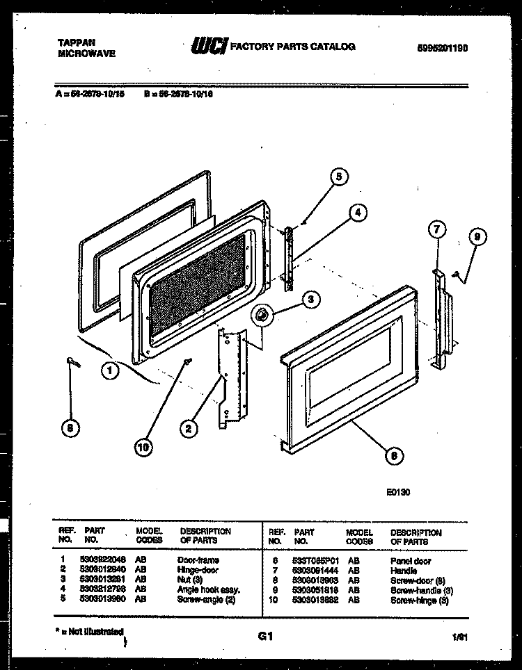 DOOR PARTS Diagram and Parts List for 56-2678-10-16  Tappan Microwave
