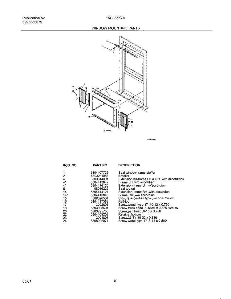 WINDOW MOUNTING Diagram and Parts List for FAC085K7A2  Frigidaire Air Conditioner
