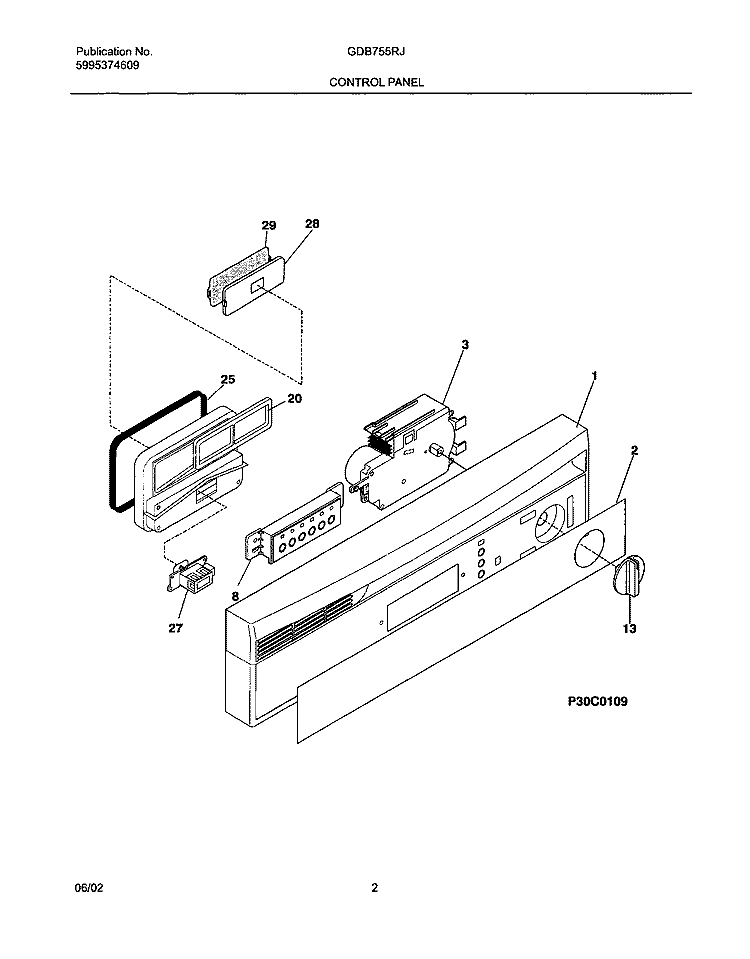 CONTROL PANEL Diagram and Parts List for GDB755RJS2  Gibson Dishwasher
