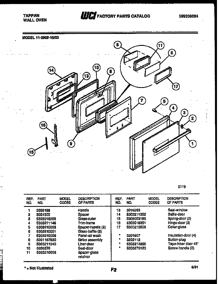 DOOR PARTS Diagram and Parts List for 11-5969-00-03  Tappan Wall Oven