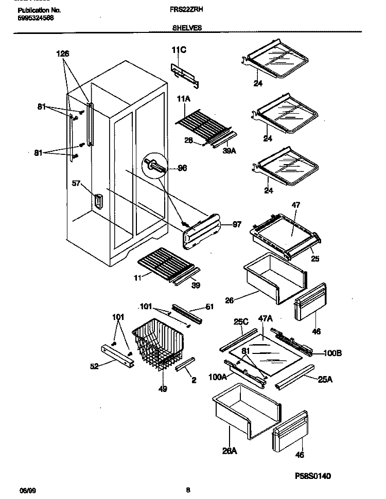SHELVES Diagram and Parts List for FRS22ZRHD0  Frigidaire Refrigerator