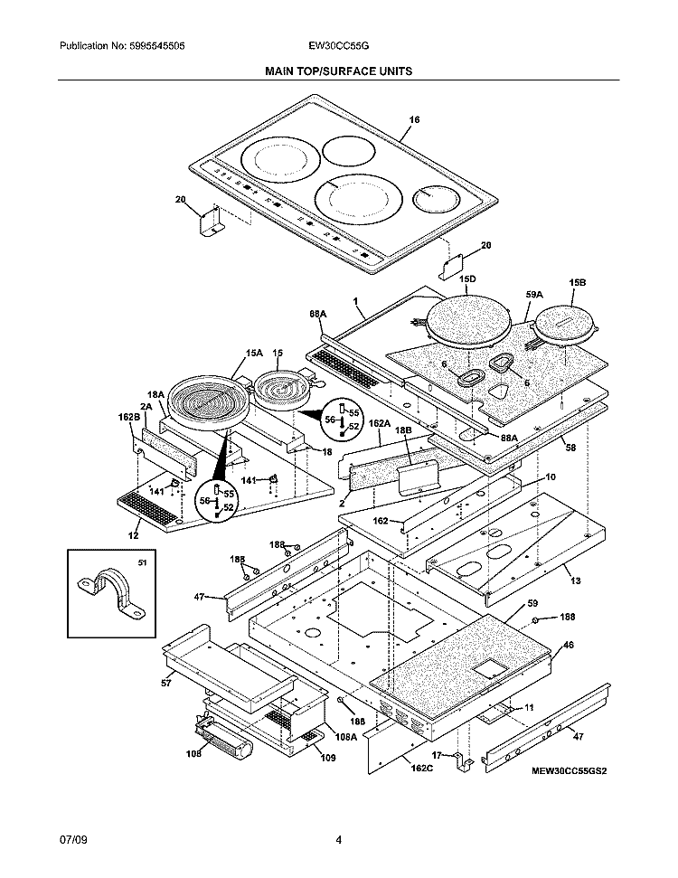 MAIN TOP / SURFACE UNITS Diagram and Parts List for EW30CC55GS4  Electrolux Cooktop