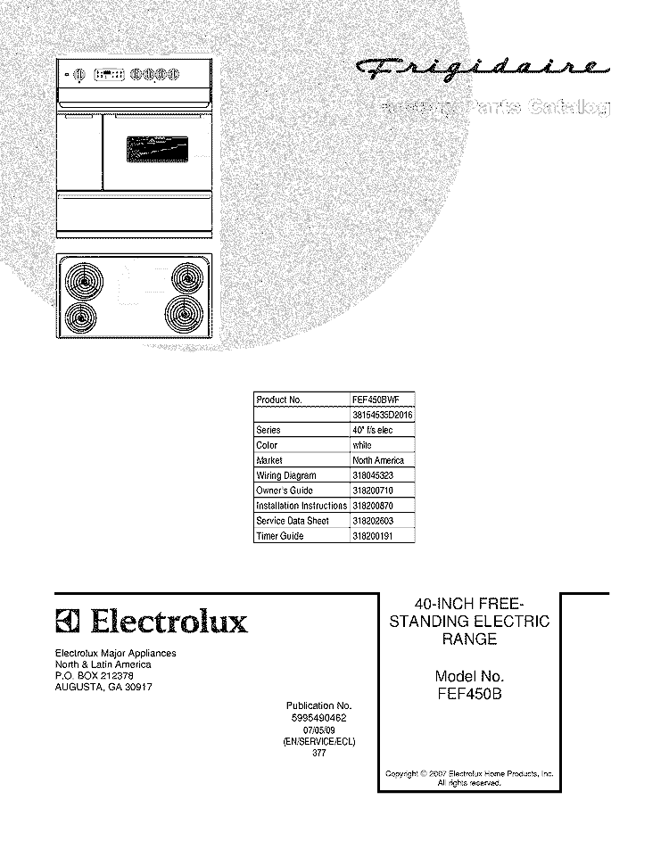 COVER Diagram and Parts List for FEF450BWF  Frigidaire Range