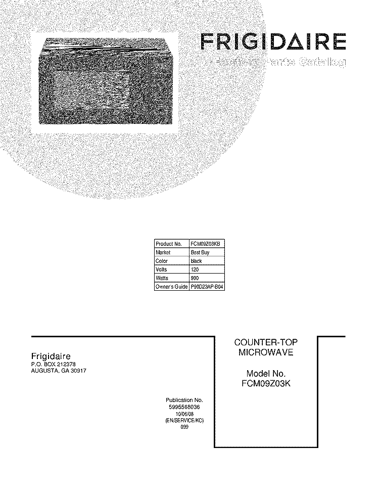 COVER Diagram and Parts List for FCM09Z03KB  Frigidaire Microwave