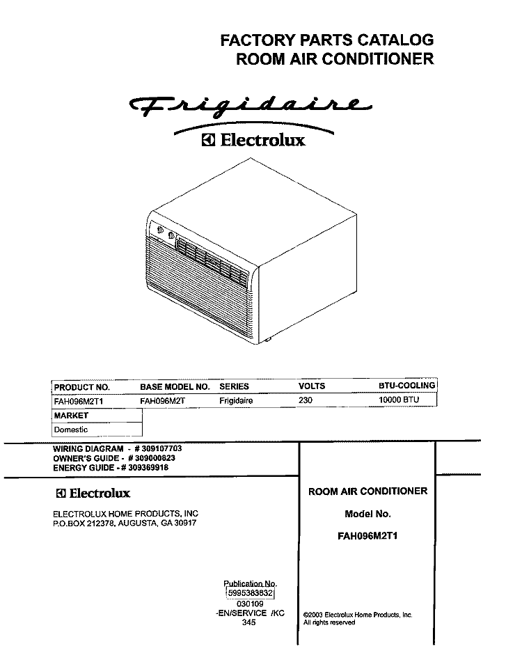 COVER Diagram and Parts List for FAH096M2T1  Frigidaire Air Conditioner