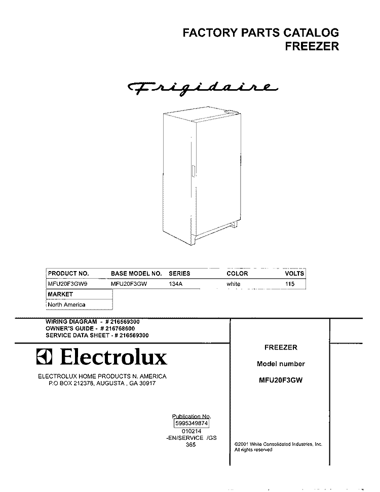 COVER Diagram and Parts List for MFU20F3GW9  Frigidaire Freezer