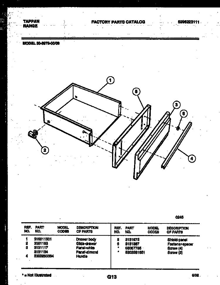 DRAWER PARTS Diagram and Parts List for 30-3979-00-08  Tappan Range