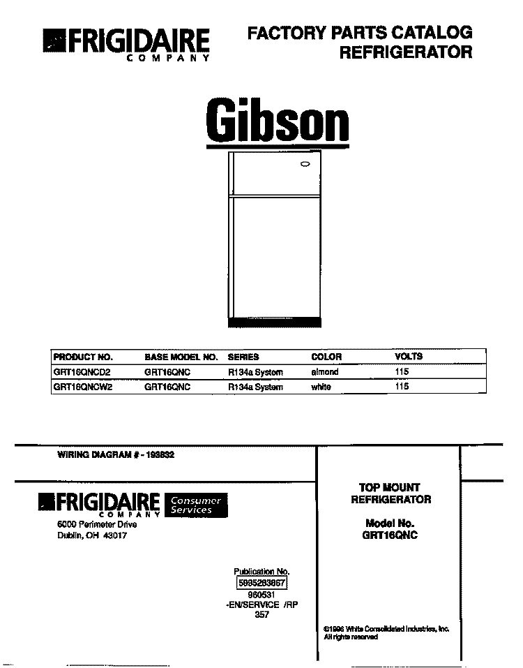 COVER Diagram and Parts List for GRT16QNCW2  Gibson Refrigerator