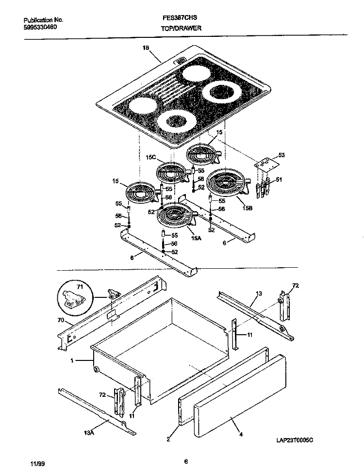 TOP / DRAWER Diagram and Parts List for FES387CHSC  Frigidaire Range