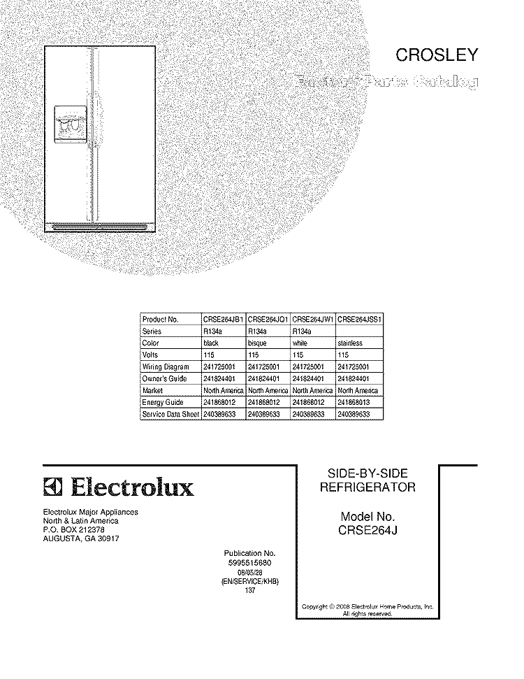 COVER Diagram and Parts List for CRSE264JQ1  Frigidaire Refrigerator