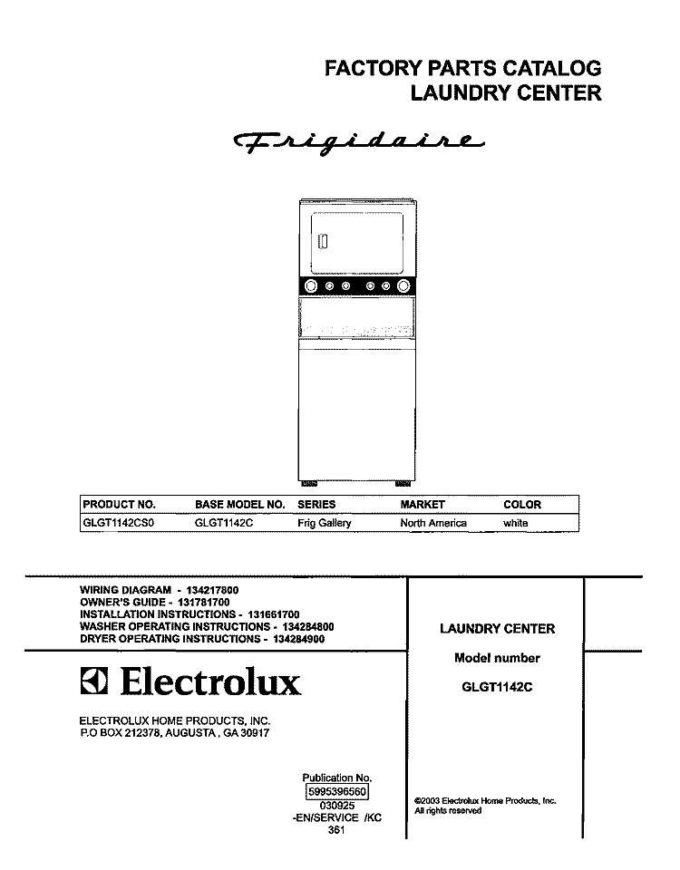 COVER Diagram and Parts List for GLGT1142CS0  Frigidaire Washer Dryer Combo