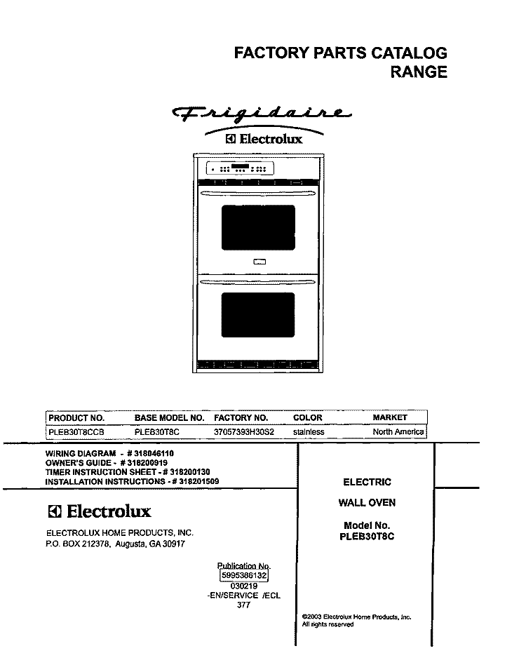 COVER Diagram and Parts List for PLEB30T8CCB  Frigidaire Wall Oven