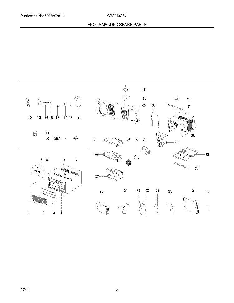 RECOMMENDED SPARE PARTS Diagram and Parts List for CRA074AT719  Frigidaire Air Conditioner
