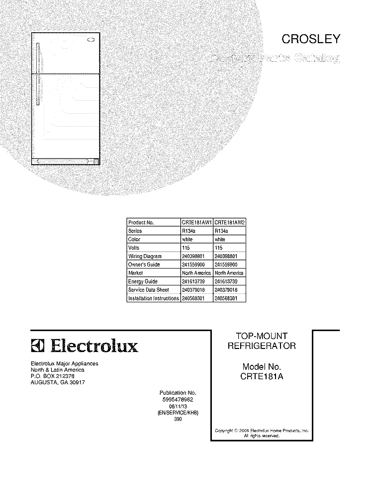 COVER Diagram and Parts List for CRTE181AW1  Frigidaire Refrigerator