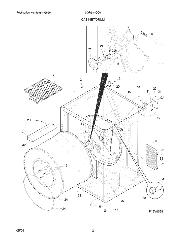 CABINET / DRUM Diagram and Parts List for SGR341CC0  Westinghouse Dryer
