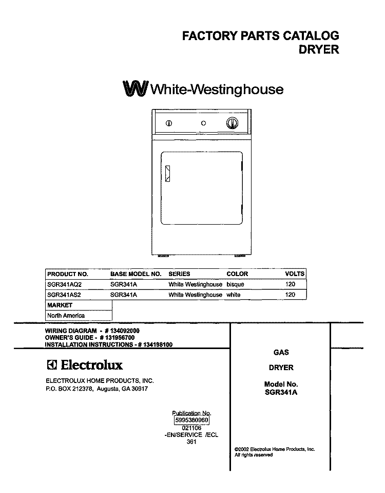 COVER Diagram and Parts List for SGR341AQ2  Westinghouse Dryer