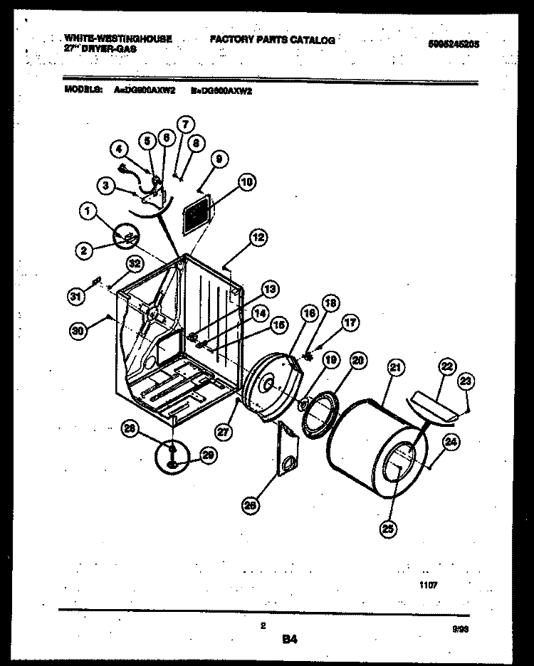 CABINET AND COMPONENT PARTS Diagram and Parts List for DG600AXD2  Frigidaire Dryer