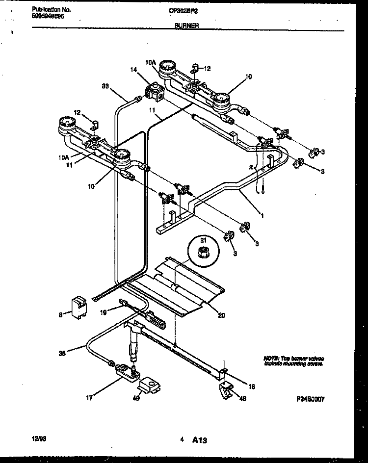 BURNER, MANIFOLD AND GAS CONTROL Diagram and Parts List for CP302BP2D3  Frigidaire Range