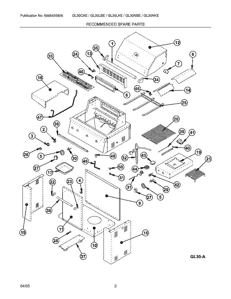 RECOMMENDED SPARE PARTS Diagram and Parts List for GL30LBEC  Electrolux Grill