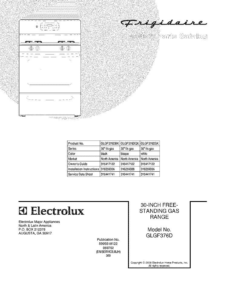 COVER Diagram and Parts List for GLGF376DQK  Frigidaire Range