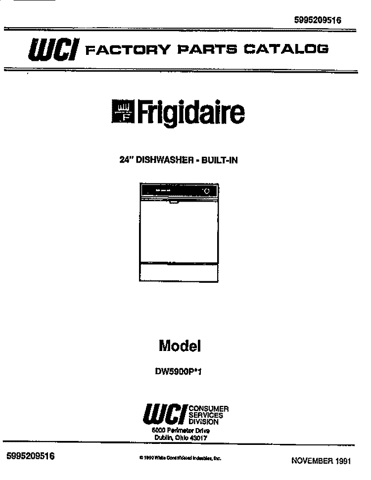 COVER Diagram and Parts List for DW5900PW1  Frigidaire Dishwasher