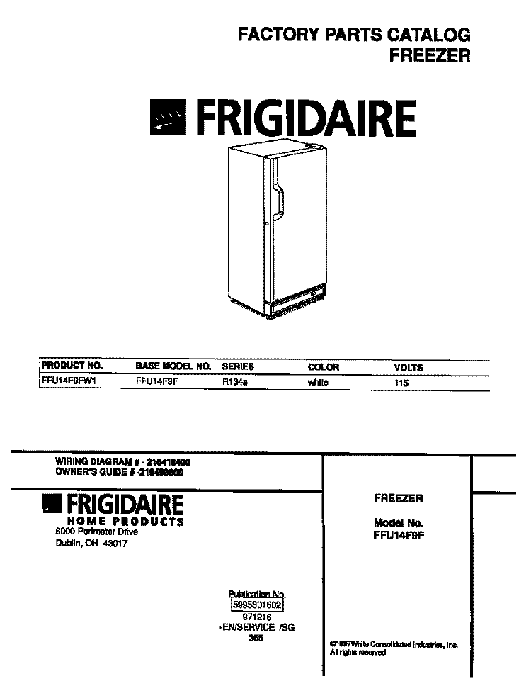 COVER Diagram and Parts List for FFU14F9FW1  Frigidaire Freezer
