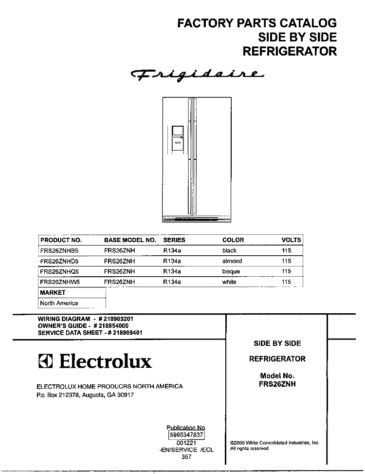 COVER Diagram and Parts List for FRS26ZNHB5  Frigidaire Refrigerator