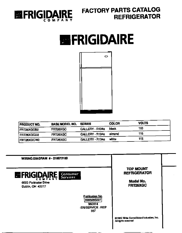 COVER Diagram and Parts List for FRT26XGCB2  Frigidaire Refrigerator
