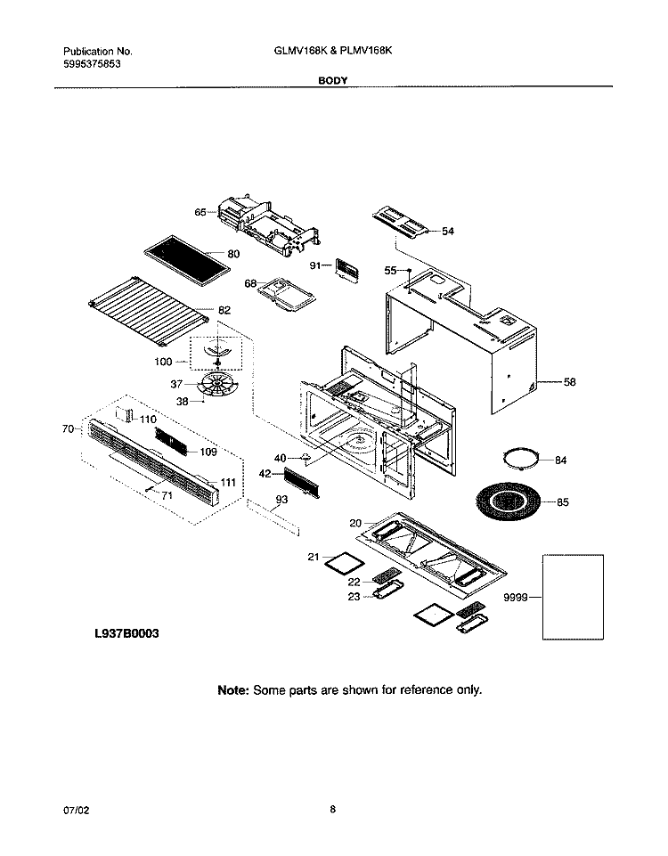 BODY Diagram and Parts List for PLMV168KC4  Frigidaire Microwave