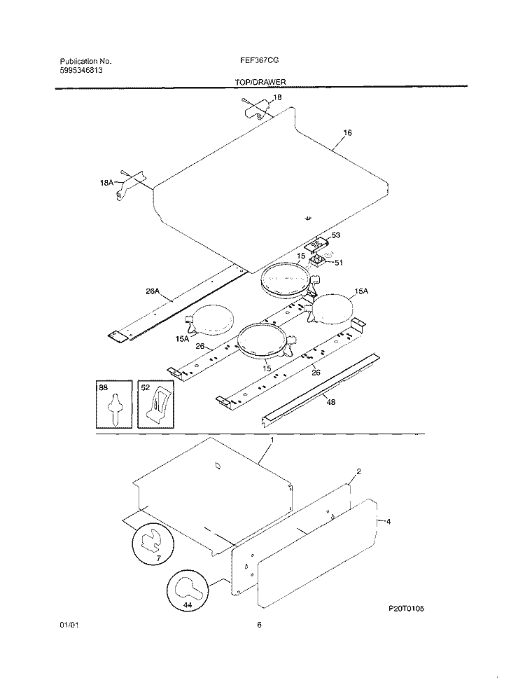 TOP / DRAWER Diagram and Parts List for FEF367CGSE  Frigidaire Range