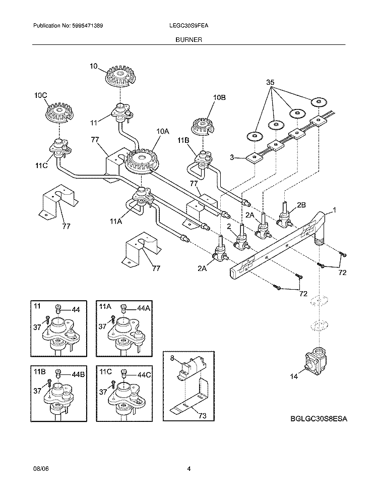 BURNER Diagram and Parts List for LEGC30S9FEA  Frigidaire Cooktop