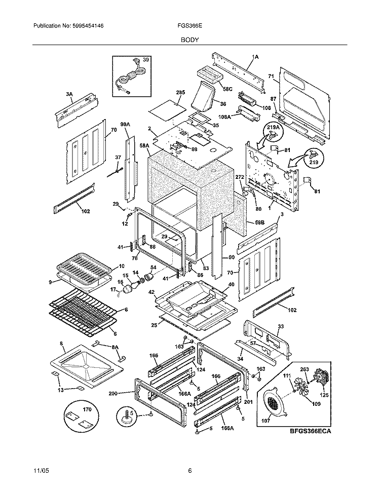 BODY Diagram and Parts List for FGS366EQA  Frigidaire Range