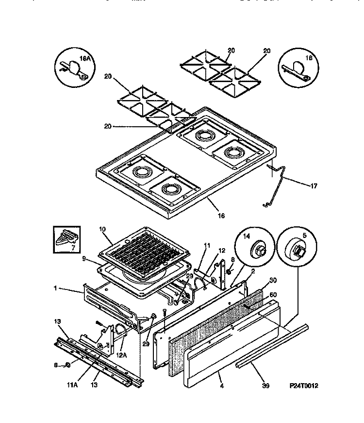 TOP, DRAWER Diagram and Parts List for MGF324WBSA  Frigidaire Range