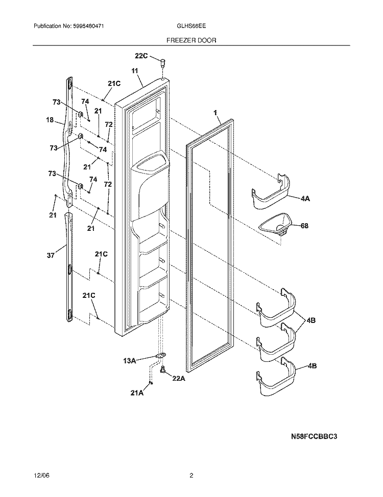 FREEZER DOOR Diagram and Parts List for GLHS66EEQA  Frigidaire Refrigerator