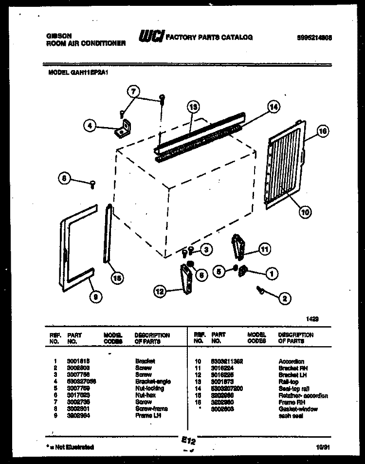 CABINET AND INSTALLATION PARTS Diagram and Parts List for GAH11EP2A1  Gibson Air Conditioner