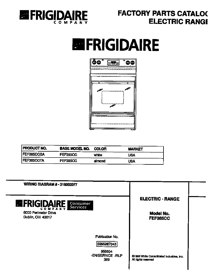 COVER Diagram and Parts List for FEF385CCTA  Frigidaire Range