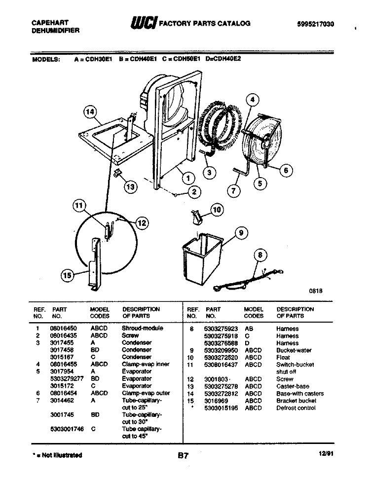 EVAPORATOR Diagram and Parts List for CDH50E1  Frigidaire Dehumidifier