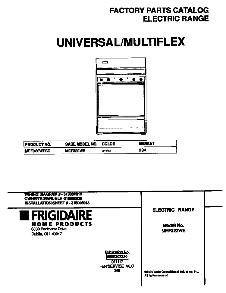 COVER Diagram and Parts List for MEF322WESC  Frigidaire Range