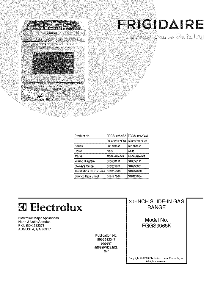 COVER Diagram and Parts List for FGGS3065KBA  Frigidaire Range
