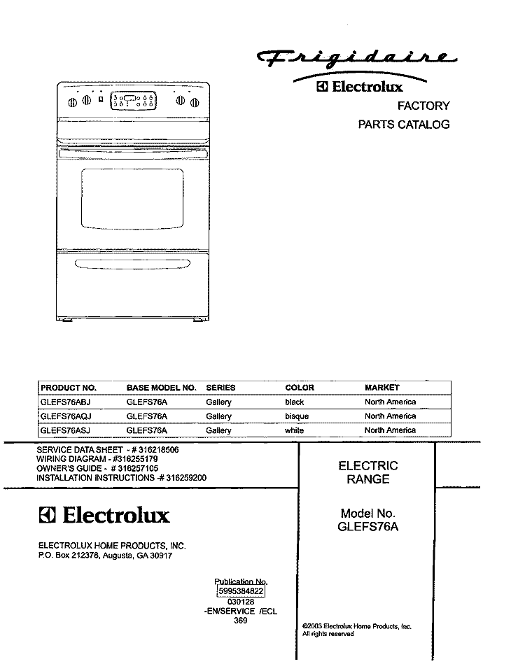 COVER Diagram and Parts List for GLEFS76AQJ  Frigidaire Range