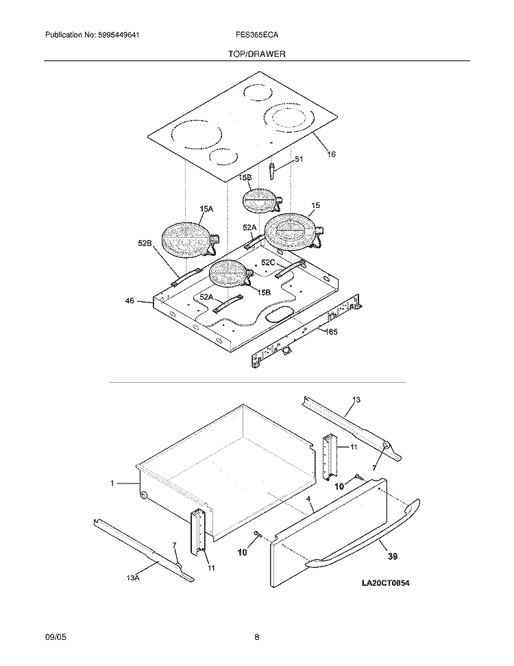 TOP / DRAWER Diagram and Parts List for FES365ECA  Frigidaire Range