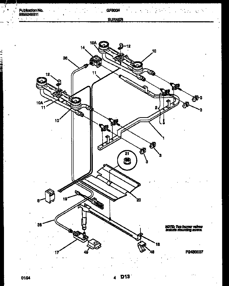 BURNER, MANIFOLD AND GAS CONTROL Diagram and Parts List for GF600ND9  Frigidaire Range